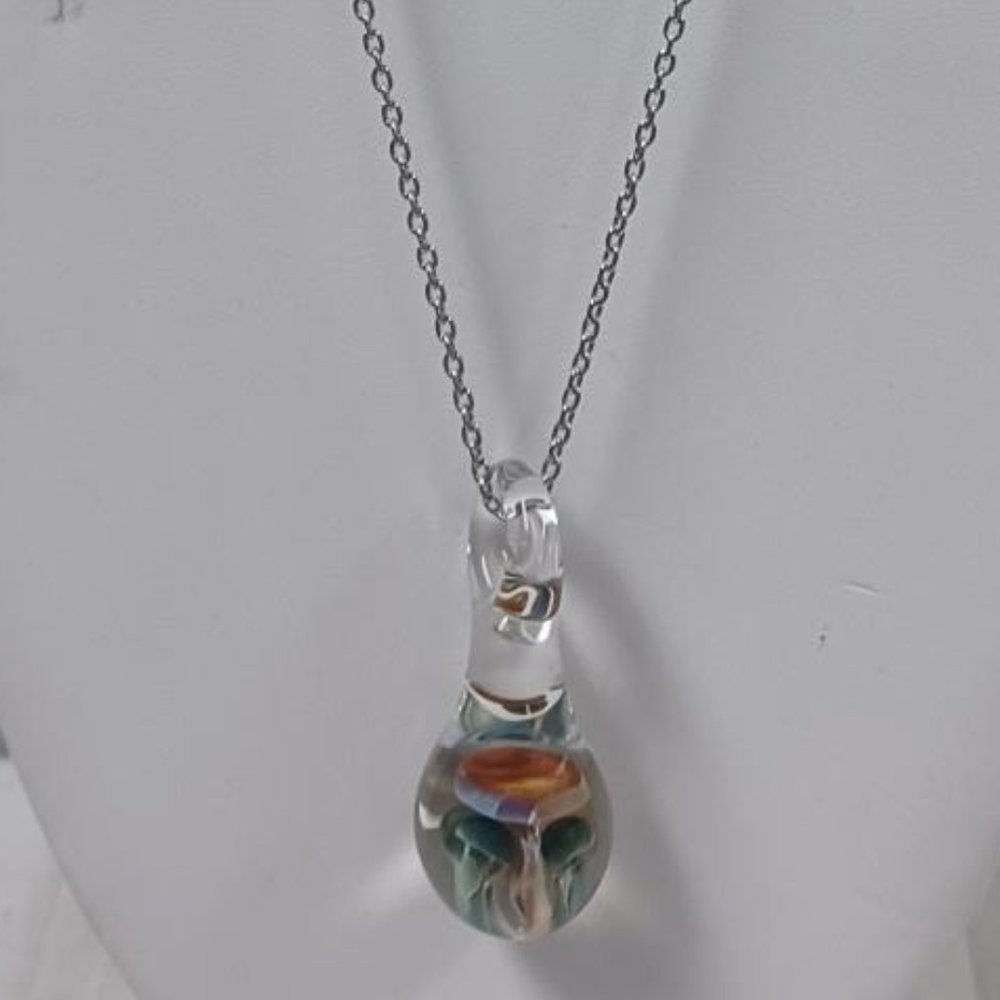 Vintage Green Blue Glass Mushroom Pendant Necklace Boho Nature Statement / E-2